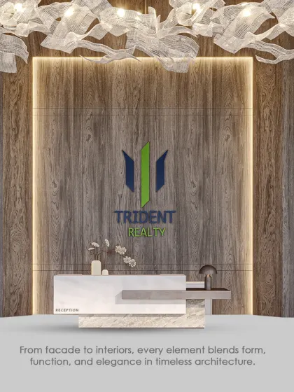 The reception desk at Trident Realty is a harmonious blend of clean lines, natural wood textures, and an organic light fixture. The design creates a warm and professional ambiance that makes a lasting first impression.