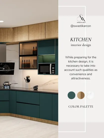 A kitchen design mood board showcasing a sophisticated color palette of deep teal, natural wood, and white marble. This visual guide illustrates our process of selecting materials and colors to achieve a cohesive and attractive final design.