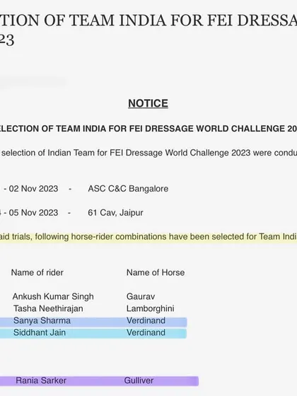 The official notice for the selection of Team India for the FEI Dressage World Challenge, featuring three of our academy's rider and horse combinations. This is proof of our program's success.