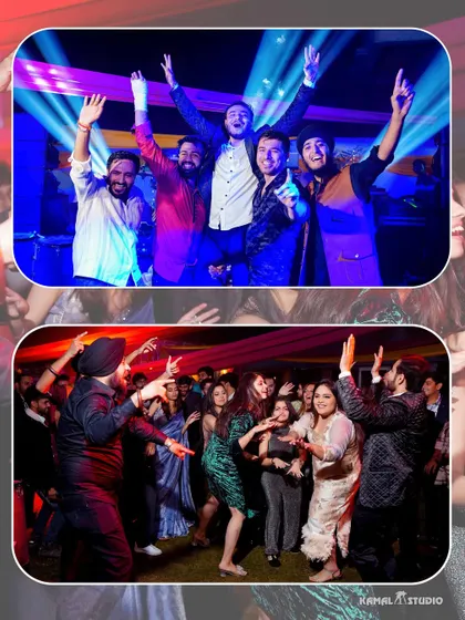 A collage capturing the energy of the dance floor at a cocktail party, with guests and the couple dancing the night away.