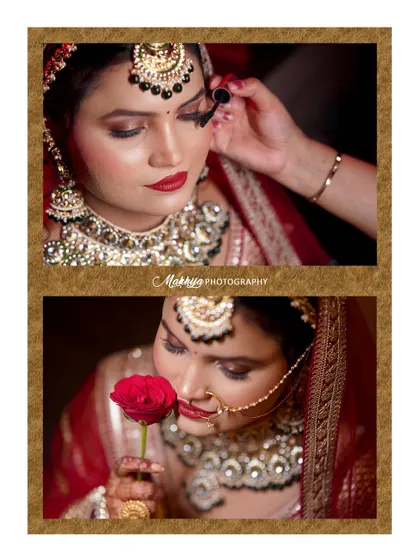 A close-up collage of the bride getting ready. One shot shows the makeup artist applying lashes, while the other is a beautiful portrait of the bride with a rose, adding a touch of romance.