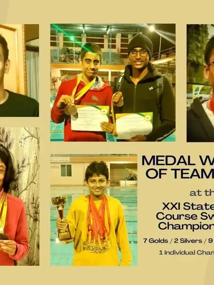 A collage celebrating our medal winners from the XXI State Short Course Championship. With 7 Golds, 2 Silvers, and 9 Bronze medals, our team demonstrated exceptional skill and depth.
