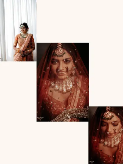 A creative collage of bridal portraits. It combines a full shot with expressive close-ups, all in our signature warm, film-like color grade, telling a story of bridal beauty.