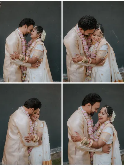 A collage of candid, happy moments between the Kerala wedding couple. Their laughter and embraces showcase the joy of their union.