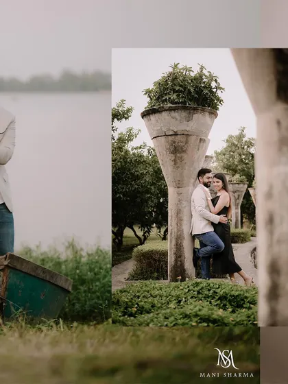 A collage of serene moments from Ankit and Shreya's pre-wedding shoot by the lake.