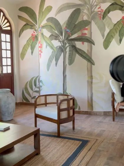A behind-the-scenes shot from our Goan villa photoshoot. The hand-painted mural was a key feature in creating the tropical, relaxed vibe of this holiday home.