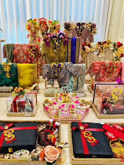 The entire trousseau collection, ready for the final reveal. This panoramic view highlights the scale and grandeur of my trousseau packing services.