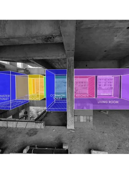 A visualization of the internal spaces of a 2BHK flat in the Aamod project, overlaid on a construction photo.
