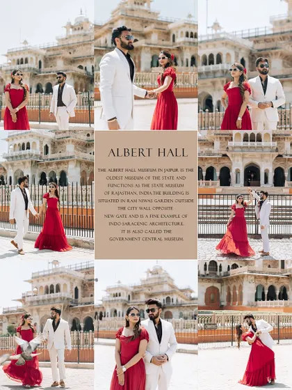 This comprehensive collage captures the essence of a pre-wedding shoot at Albert Hall, blending wide shots, walking poses, and romantic moments into one image.