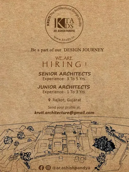 A rustic-themed ad from KTADS in Rajkot, Gujarat, calling for Senior Architects (3-5 years) and Junior Architects (1-3 years) to be part of their design journey.