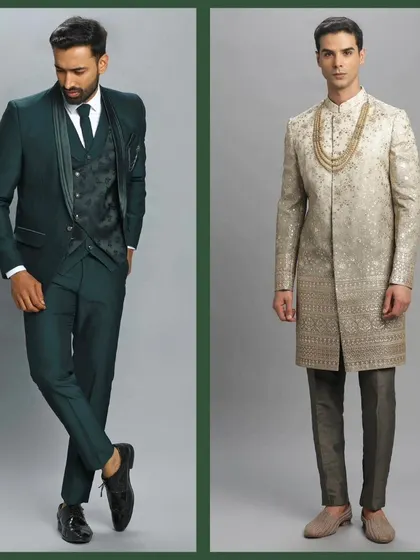 A dark green three-piece suit and a beige and green sherwani. Our green collection is full of versatile and stylish options.