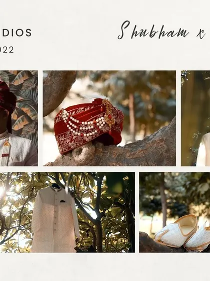 A storyboard showcasing the groom's details, from his portrait to his turban and shoes, telling a complete story of his wedding day look.