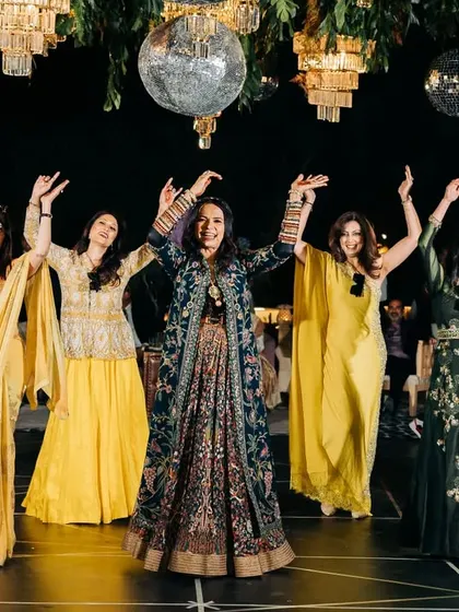 Another group of ladies from the same wedding, showing the scale of the Sangeet. Everyone gets to be a part of the fun.