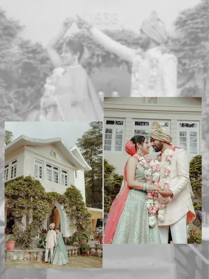 A collage showing a couple on their wedding day at the historic Woodville Palace. The images capture their ceremony and portraits against the beautiful heritage architecture.