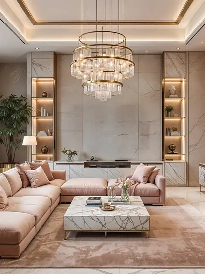 A luxurious take on the pink living room, with a large L-shaped sofa, a grand crystal chandelier, and marble-clad walls with integrated backlit shelving.
