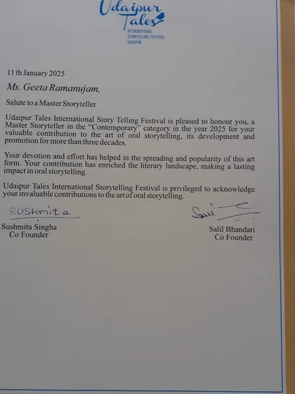 The official letter honoring me as a Master Storyteller in the "Contemporary" category for my contribution to the art of oral storytelling. A moment of immense gratitude.
