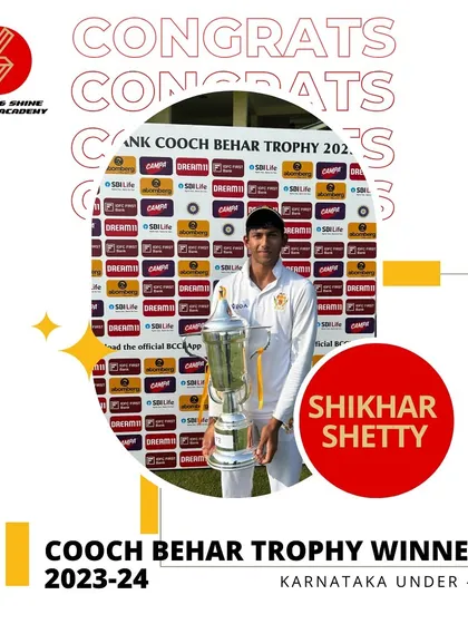 We congratulate our student Shikhar Shetty and the entire Karnataka Under 19 team for winning the Cooch Behar Trophy for the first time. A historic achievement.