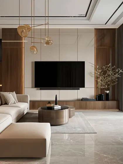 This living room design uses a mix of wood paneling and glossy surfaces for the TV unit, complemented by a unique gold chandelier. The L-shaped sofa provides ample seating for the whole family.