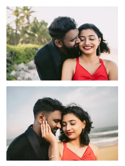 A collage of two intimate portraits from a beachside post-wedding shoot, celebrating the couple's first anniversary.