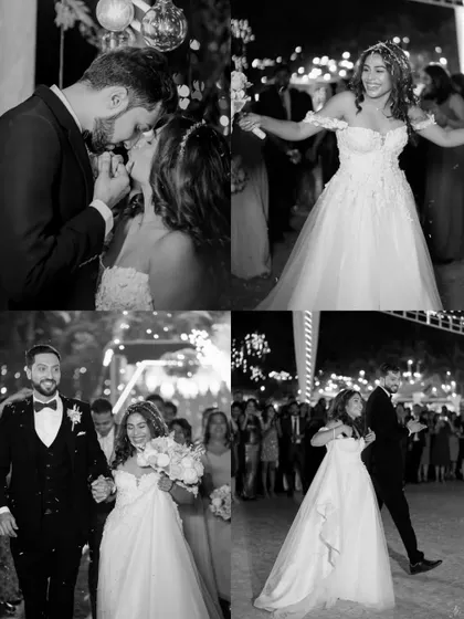 A black and white collage of reception moments, including a romantic kiss and joyful dancing. These timeless images capture the celebration and love of the evening.