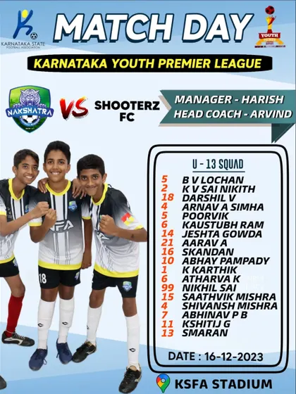 Match day in the Karnataka Youth Premier League. Our U-13 squad is ready to take on Shooterz FC at the KSFA Stadium.