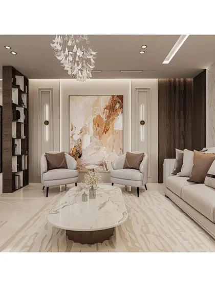 This modern living room design focuses on a calm, neutral palette and luxurious textures. I combined a plush sofa with elegant armchairs, a marble coffee table, and abstract art to create a space that is sophisticated, comfortable, and perfect for contemporary family life.