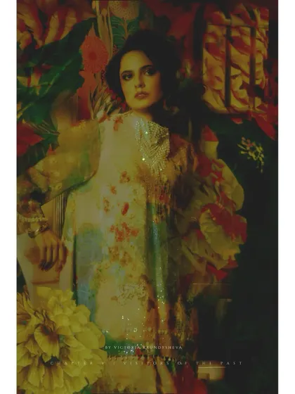 Another artistic, multi-layered image from "Visitors of the past." The floral motifs are repeated to the point of abstraction, representing how memories can become distorted and romanticized over time.