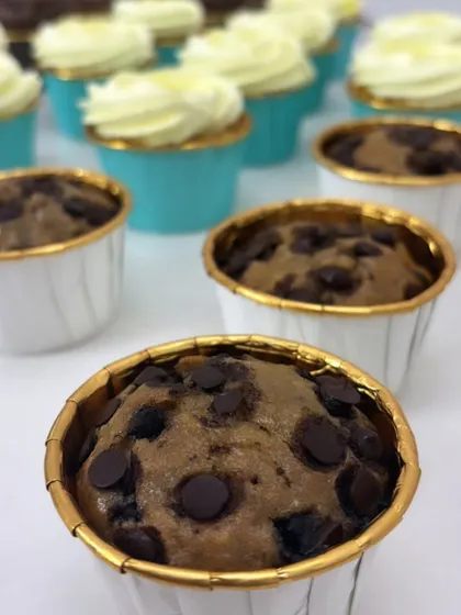 A detailed shot of my chocolate chip muffins before frosting. They are delicious on their own or can be topped with cream for an extra treat.