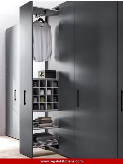 A clever pull-out unit that makes use of narrow vertical space. It includes a clothing hanger, shelving, and compartmentalized storage, perfect for maximizing every inch of your closet.