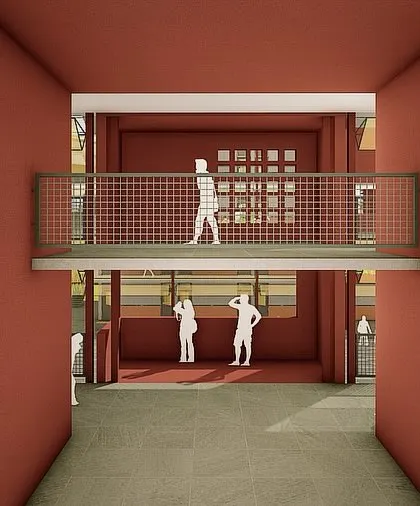 **School Design Proposal, Ahmedabad:** The striking red, double-height volumes act as visual connectors, linking the inner plaza to the outside world. These spaces are designed as nodes for interaction and conversation.