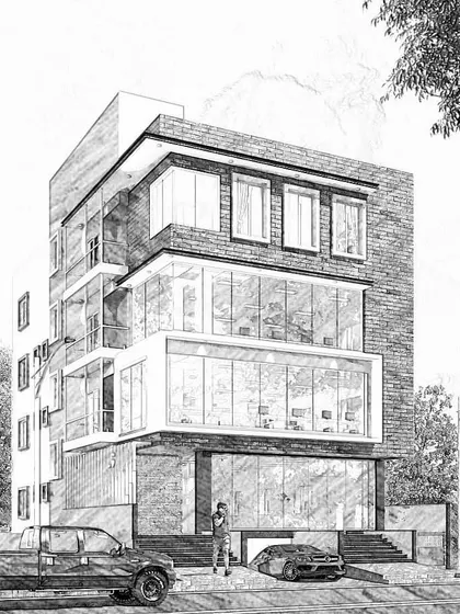 A conceptual pencil sketch for a commercial building in HSR Layout. This initial design phase is crucial for establishing the building's form, proportions, and key facade elements, illustrating our design process from the first artistic vision.