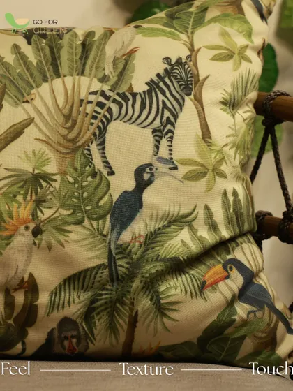 A detailed close-up of the vibrant, custom-printed fabric on one of our cushions. We offer a wide selection of high-quality outdoor fabrics to help you perfect your outdoor aesthetic.