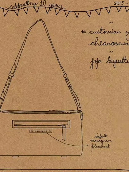 An illustration showing the default monogram placement for our Jojo Baguette. We typically place it on the back pocket, but since our bags are made to order, we can easily move it to the front or inside if you prefer.