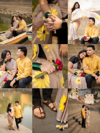 A nine-photo grid detailing a couple's pre-wedding shoot near a ghat. It includes shots of them in a boat, close-ups of their hands, and candid moments on the steps, telling a complete story of their day.