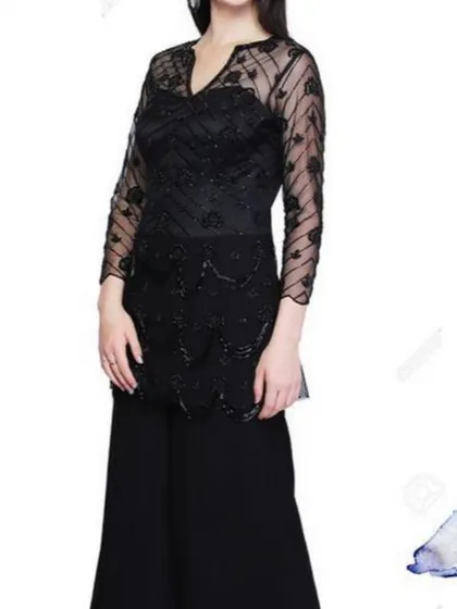 A chic and modern all-black Indo-Western palazzo set. The top features sheer sleeves and delicate beadwork, making it a versatile outfit for parties and evening events.