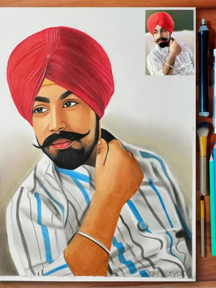 A stylish portrait of a man in a turban, drawn on A4 paper. I used colored pencils to capture the texture of his striped shirt and the bright red of the turban.