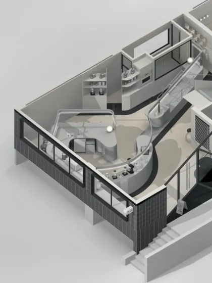 An axonometric view of the design, showing the relationship between the meandering brew bar, the seating areas, and the two levels of the cafe.