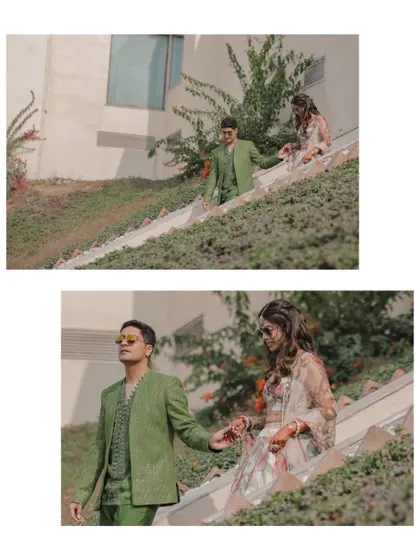 A collage of the couple during a pre-wedding event, capturing their playful interaction.