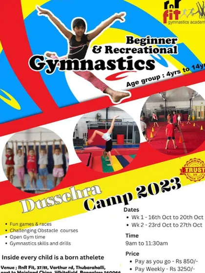 Our poster for the Dussehra Camp 2023. We offer camps during school breaks that are filled with fun games, challenging obstacle courses, and gymnastics skills.