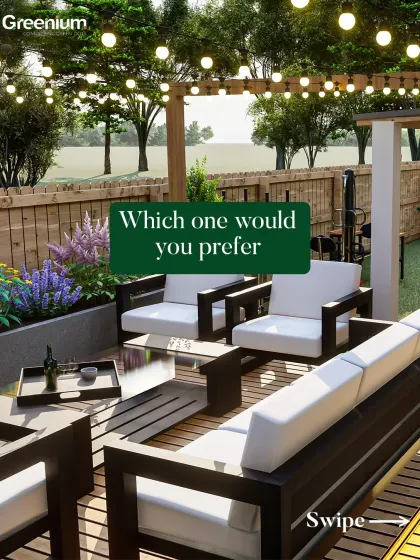 A design concept for a backyard patio. This rendering shows a modern outdoor seating area with a large sofa and armchairs on a wooden deck, surrounded by planters and string lights.