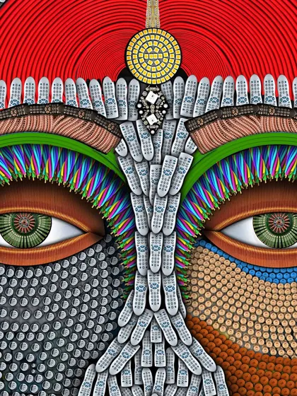 I explore the eyes in this Sanketana design study, bringing remote shapes, cable colours and facial forms into one composition.