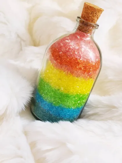 Add a rainbow to your bathtub with my layered rainbow bath salts. Each layer has a different color, creating a beautiful effect in the bottle and a relaxing experience in the bath.
