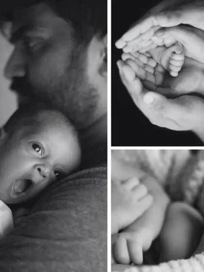 A black and white collage focusing on newborn details: a father holding his baby, tiny hands, and feet, capturing the newness of life.