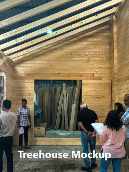 Our team reviewing a full-scale mockup of the prefabricated wooden treehouse for our Kanha project. This hands-on workshop visit is a critical step to finalize design details, material finishes, and service integrations before construction begins on site.