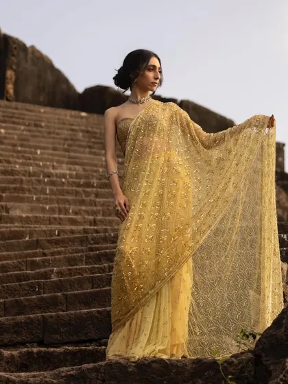 Another powerful shot on the steps, showcasing the full length and flow of the golden saree.