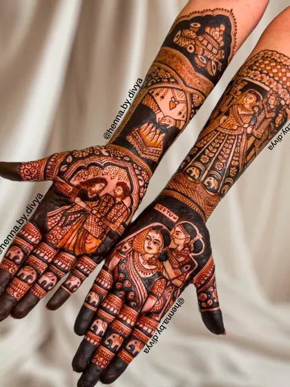 This full bridal design tells the story of a bride's journey. It includes a portrait of the bride with her mother, a bridal entry scene (doli), and other intricate wedding motifs.