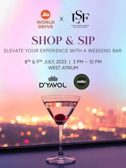 The official event poster for the 'Shop & Sip' weekend bar at Jio World Drive, featuring Barmobile as a partner. We are a trusted name for major venues and events.