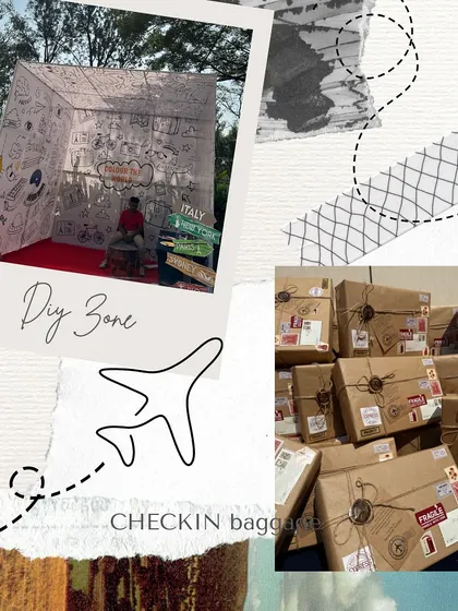 We love creating interactive zones within our events. This 'DIY Zone' featured a doodle wall where guests could leave messages, alongside themed 'Checkin Baggage' favors that tied into the overall travel concept.