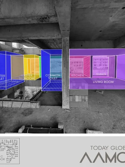 Another visualization of the Aamod 2BHK layout, showing the planned arrangement of different rooms within the raw structure.