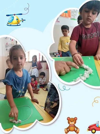This collection of images shows the joy and focus of children learning letters through a hands-on, sensory activity. It's a perfect example of how we make learning an adventure.